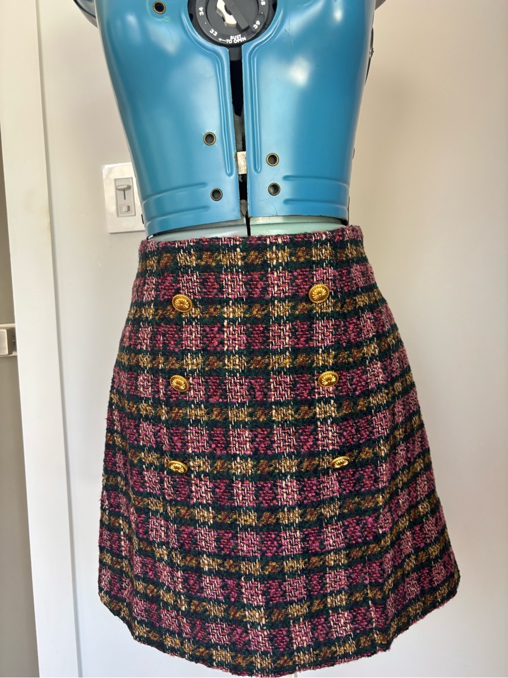 Prosperina Gardner Pink Plaid Tweed Gold Button Mini Skirt XS NWT